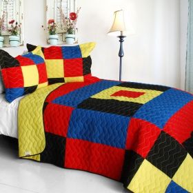 [Rational Thinking] 3PC Vermicelli-Quilted Patchwork Quilt Set (Full/Queen Size)